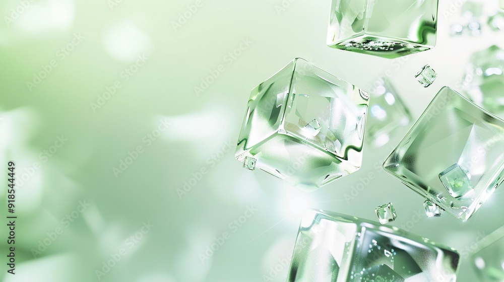 Poster a cluster of floating ice cubes amidst a verdant and snowy landscape bathed in soft hazy light, with