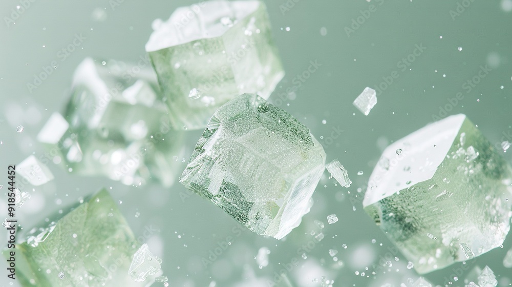 Poster ice cubes in air - an image of a cluster of ice floats against a gray-green backdrop water droplets 