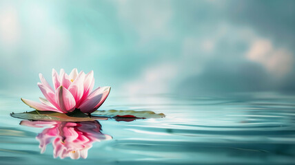 serene pink water lily floating on a leaf in a tranquil pond, set against a light sky blue background with touches of dark crimson