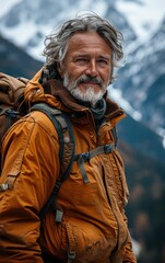 A man with a backpack and a jacket is smiling. He is wearing a brown jacket and a backpack