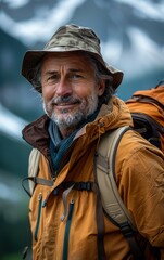 Obraz premium A man wearing a yellow jacket and a hat is smiling. He is wearing a backpack and a scarf
