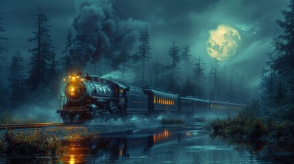Mystical night train journey under full moon - generative ai