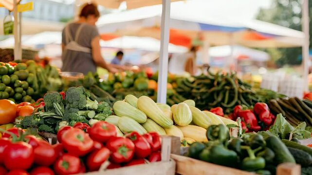Fresh Produce at Outdoor Farmers Market on a Sunny Day