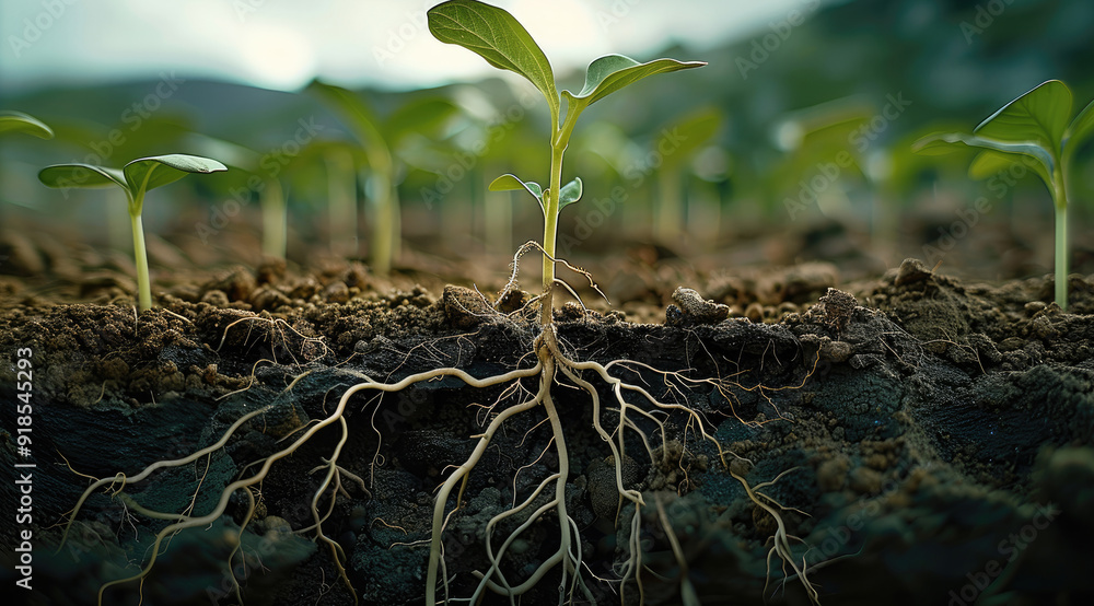Poster a seed growing in good soil, scene from underground view, viewing the roots and everything above gro