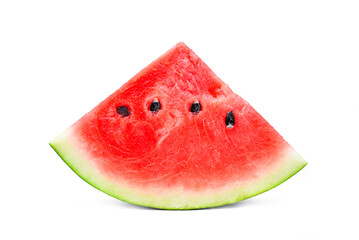 One slice of piece ripe and fresh red watermelon front view, fruit food isolated on white background