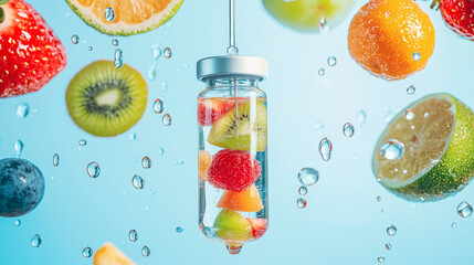 Close-up of an IV drip with colorful fruit-infused solution, surrounded by fresh fruits and water droplets, symbolizing hydration and nutrient replenishment