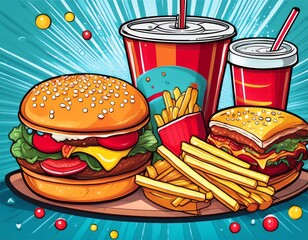 bold pop art  illustration food items comic book effects kitchen art classic burgers fries pizza...