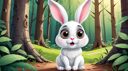 Illustration of a cute white rabbit sitting in a forest - animated cartoon