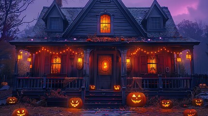 Halloween-style house with purple roof, dark gray wooden boards, orange lights in the house, lights hanging on the eaves, two rows of benches under the windows on both sides. Generative AI.