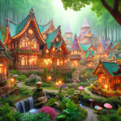 Fototapeta premium Fantasy houses in magic forest, scenery of fairy tale village