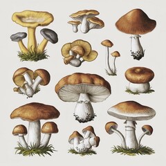 different types of mushrooms, botanical illustration, white background