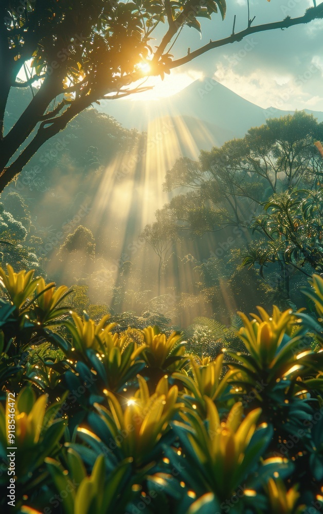 Poster a forest with trees and plants in the foreground and a mountain in the background. the sun is shinin