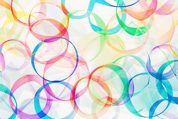 Geometric abstraction featuring interlocking circles and triangles in neon colors, creating a dynamic pattern against a white background.