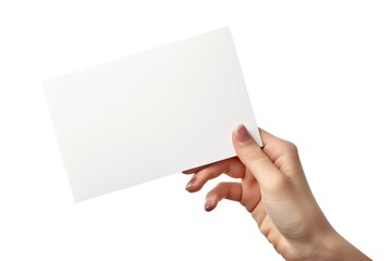 Obraz premium Female hand with blank paper card on white background