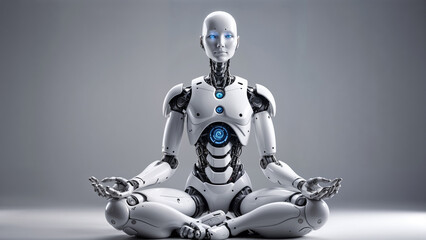 Fototapeta premium An advanced humanoid robot in a meditative pose, symbolizing the harmonious blend of technology and mindfulness, High resolution photography, high quality, high detail, hyper realistic, studio photogr