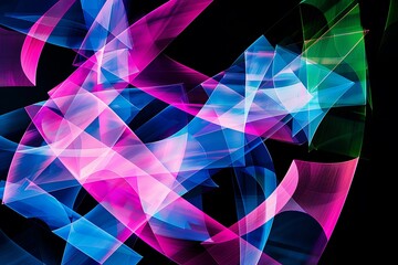Geometric abstraction featuring layered polygons in neon pink, blue, and green, creating a dynamic pattern against a black background.