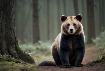 Obraz premium Big brown bear sitting on a path in a forest