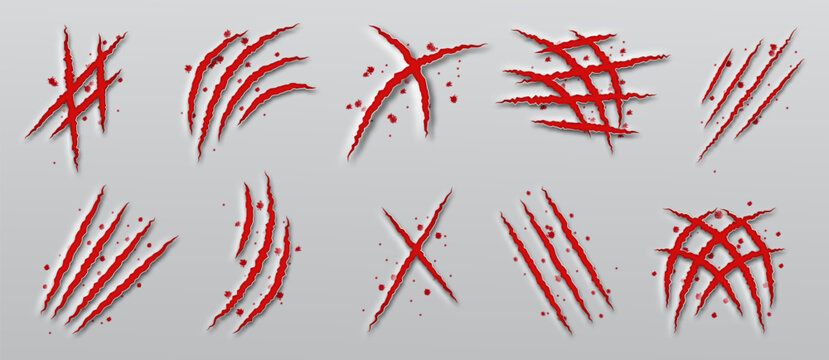Claw scratch marks. Dinosaur nail paw tracks. Animal bloody damages. Cat or tiger shred attacks. Bears rough furrows. Halloween stripes. Lion slashes print texture. Vector talon traces set