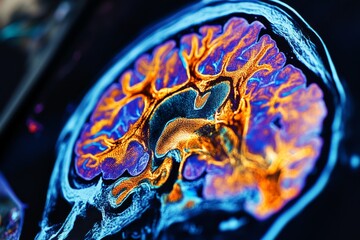 A detailed view of a PET CT scan showcasing the complex structures and blood flow within the human brain in vibrant colors