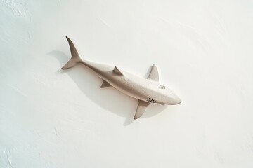 Fototapeta premium A detailed view captures a toy shark atop a pristine white surface, showcasing its design and texture in a well-lit environment