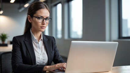 Woman sitting in office with laptop. Professional employee or business lady using laptop in modern office.