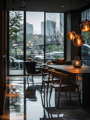 Dark interior, dark environment, big window, glossy concrete on the floor, pendant glass lights above table with chairs near the window. Generative AI.