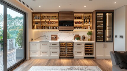 Modern kitchen cabinets in white and beige with glass doors, brushed black titanium wine cooler with recessed lighting, and wooden wine rack. High-end interior includes living room backsplash layout.