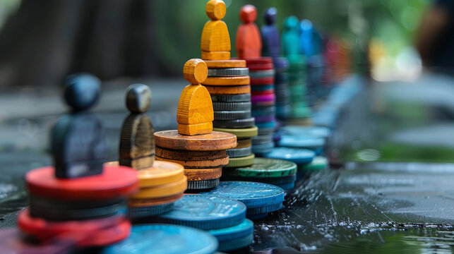 Wooden figures on stacked coins socioeconomic inequality