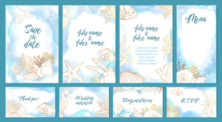 Beach wedding invitation. Summer sea ocean frame, watercolor and gold fish card with pearl, nautical template. Elegant marine elements, golden lines starfish and shell, vector background set