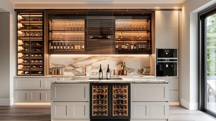 Modern kitchen cabinets in white and beige with glass doors, brushed black titanium wine cooler with recessed lighting, and wooden wine rack. High-end interior includes living room backsplash layout.