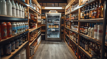 Fototapeta premium An inventory room filled with bar supplies. The room includes shelves lined with various soft drinks, bottles of mixer, spirits, beers, and wines. There is a large ice chest or cooler filled with ice.