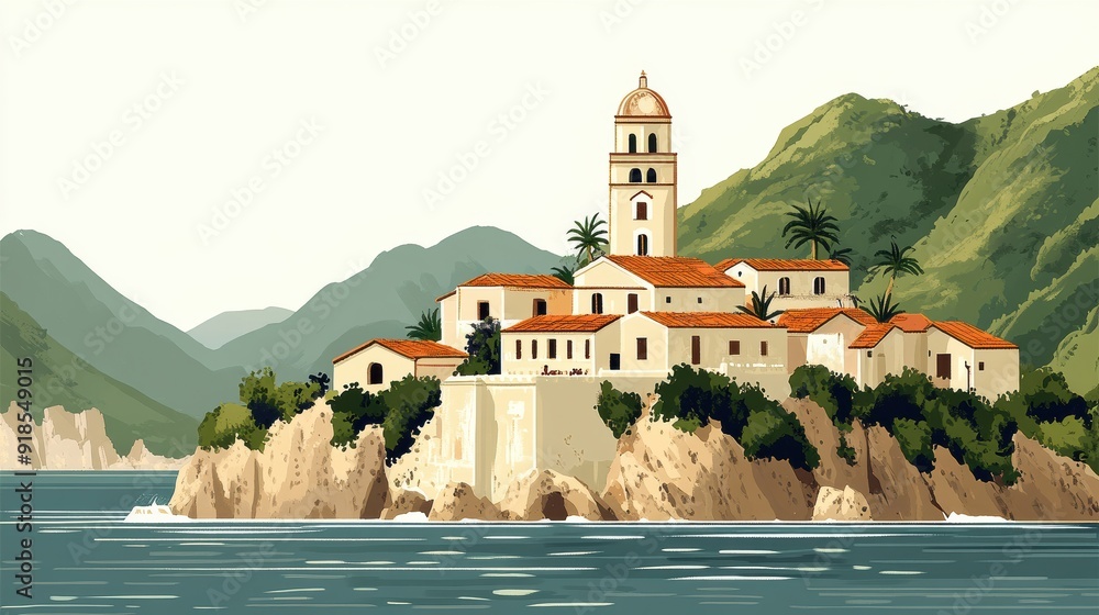 Poster Mediterranean Village by the Sea with Mountains