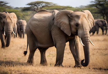 Fototapeta premium Large african elephant bull walking on savanna with herd