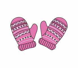 Knitted mittens with Christmas ornament. Warm cozy knitted clothes. Handicraft, handmade. Autumn, winter season. Illustration on isolated background.