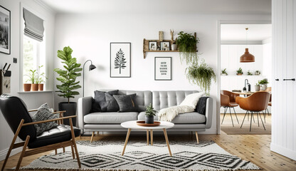 Scandinavian living room with white walls and a warm wood accent wall