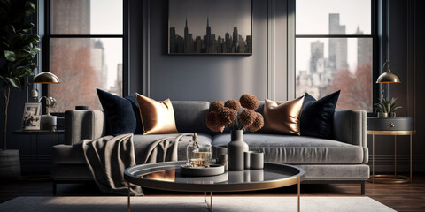 Urban living room interior design with a cityscape view