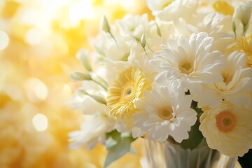 Obraz premium A beautiful arrangement of white and yellow flowers fills a glass vase, capturing the brightness of a sunny day and enhancing the surrounding ambiance