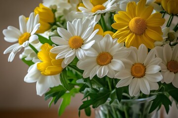 Fototapeta premium A stunning arrangement of white and yellow flowers fills a glass vase, adding a cheerful touch to the wooden table with their fresh and vibrant appearance