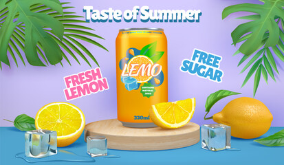 Summer drink. 3D fruit soda ad banner. Lemon juice beverage product or fresh sparkling water promotion. Cola can on pedestal. Tropical package. Citrus slices. Vector design background