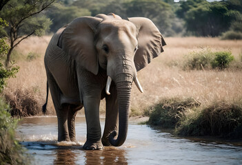Fototapeta premium African elephant cooling down in waterhole on a sunny day