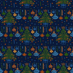 Seamless pattern new year, 2025, Bright line art, Christmas tree, toys, vector illustration, strokes, holiday, joyful atmosphere, doodles, modern and playful design.