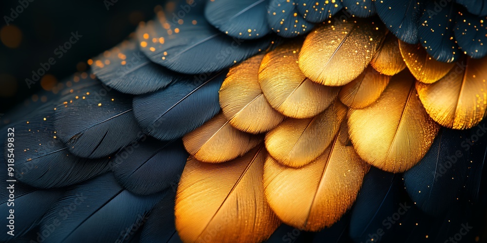 Poster a close up of feathers with gold and blue colors. the feathers are arranged in a way that creates a 