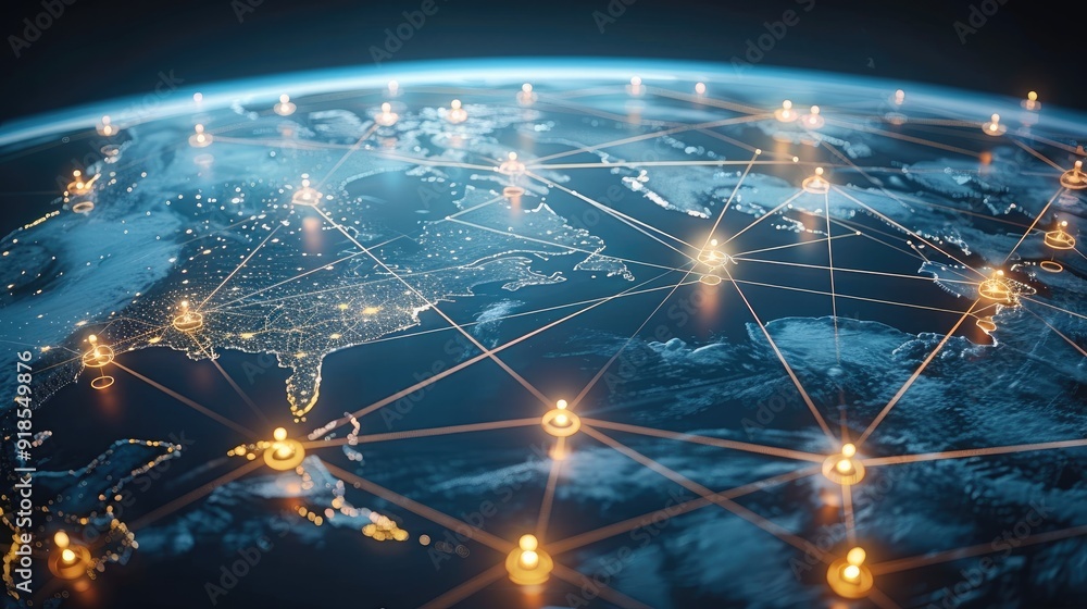 Poster a global supply chain network with interconnected logistics points. generative ai.