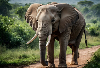 Fototapeta premium Large dominant male elephant walking on dirt road