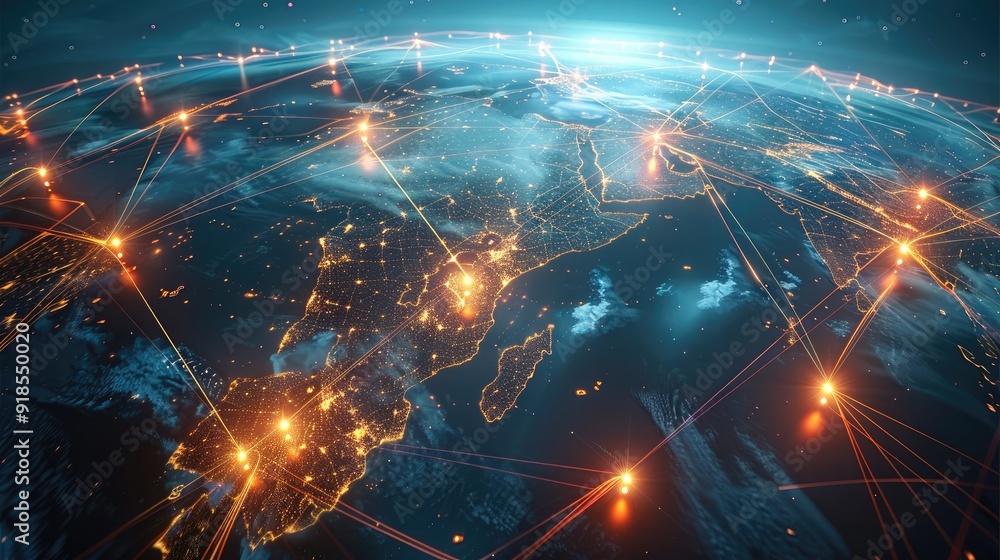 Poster a global supply chain network with interconnected logistics points. generative ai.