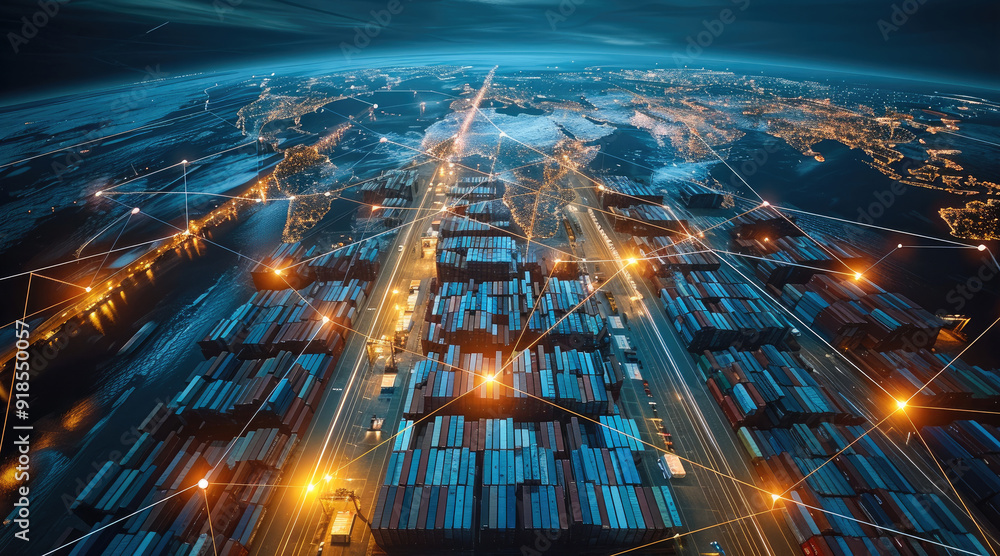Poster a global supply chain network with interconnected logistics points. generative ai.