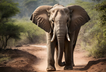 Obraz premium Large elephant bull walking on a dirt road