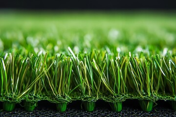A closeup reveals the lush texture of artificial turf grass on a soccer field, highlighting its vibrant green color and realistic appearance under daylight