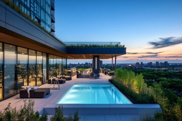 Fototapeta premium A stunning rooftop penthouse features a sparkling pool, elegant seating, and panoramic views of the city skyline during a vibrant sunset