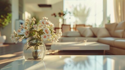 Fototapeta premium Modern living room design with sofa and furniture. Blurred bright living room with sofa and flowers